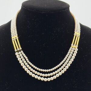 Vintage Elegant Gold Tone and Faux Pearl Multi Strand Necklace